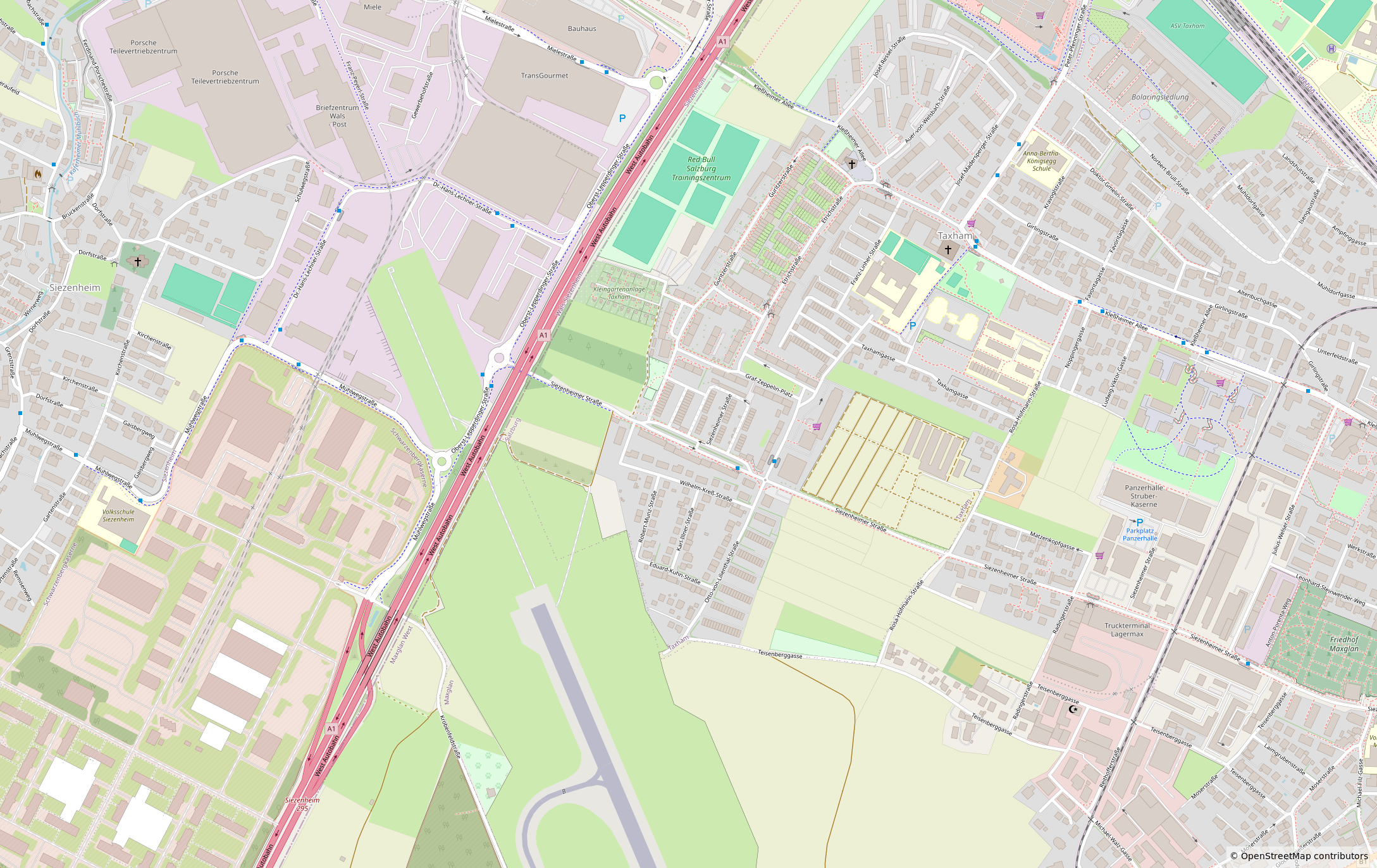 OpenStreetMap-Kartenausschnitt rund um die Ordination Dr. Mair in Salzburg Taxham