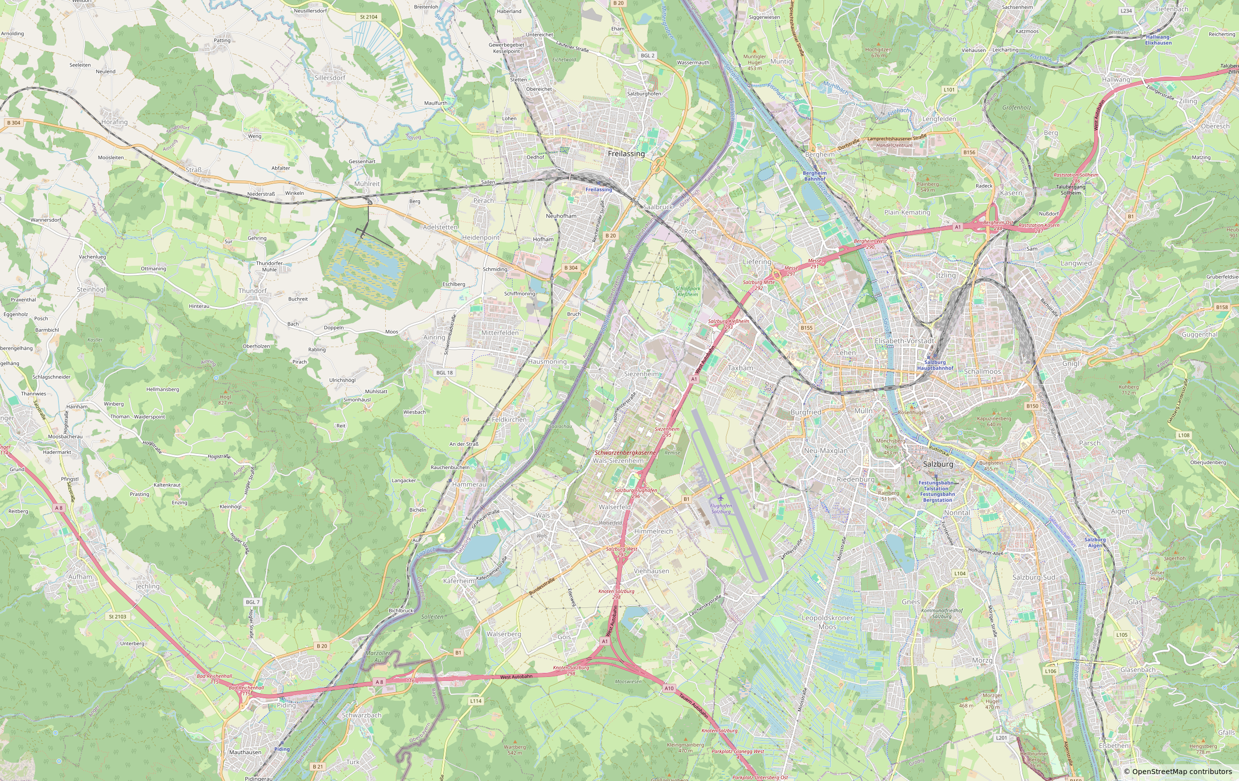 OpenStreetMap-Kartenausschnitt rund um die Ordination Dr. Mair in Salzburg Taxham